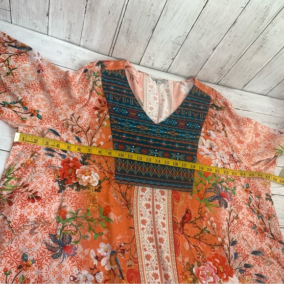 New John Mark Embroidered V-Neck 3/4 Sleeve Tunic Boho Western Top 2X Bird Print - Picture 14 of 16